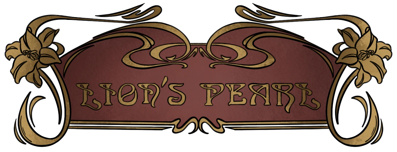 Art nouveau sign that reads 'Lion's Pearl'